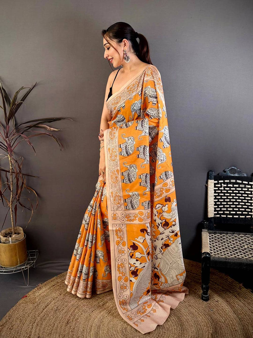 Artistic Ajrakh Style Tussar Kalamkari Saree