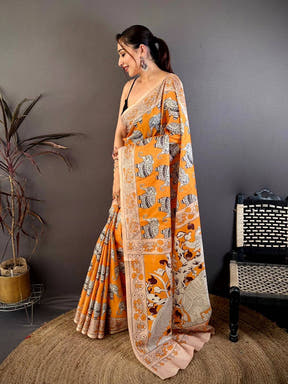 Artistic Ajrakh Style Tussar Kalamkari Saree