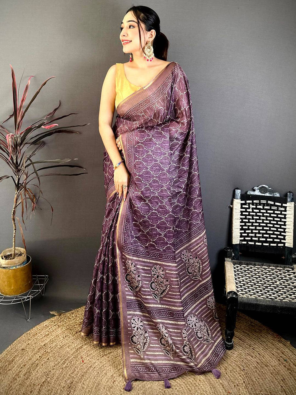 Purple Ajrakh Digital Print Kota Saree