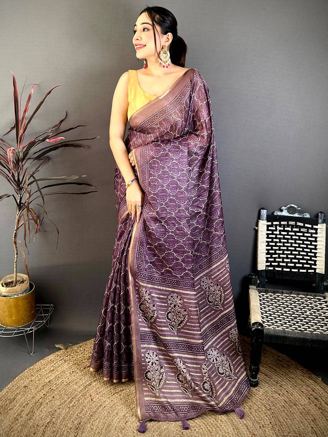 Purple Ajrakh Digital Print Kota Saree