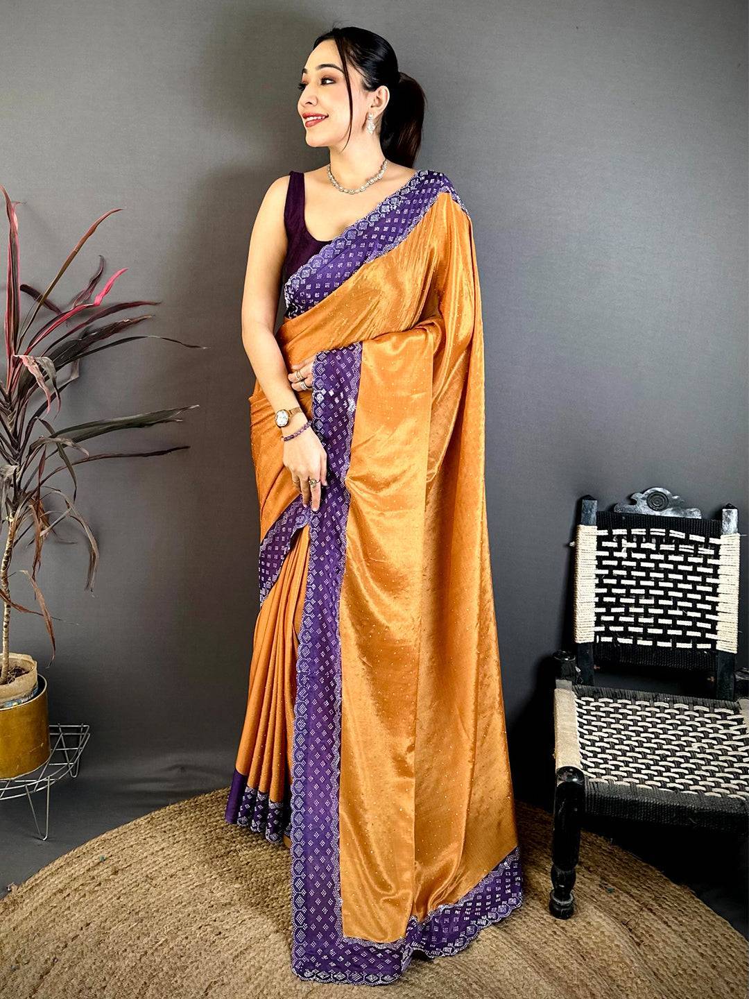 Yellow Poly Chiffon Diamond Swaroski Work Saree