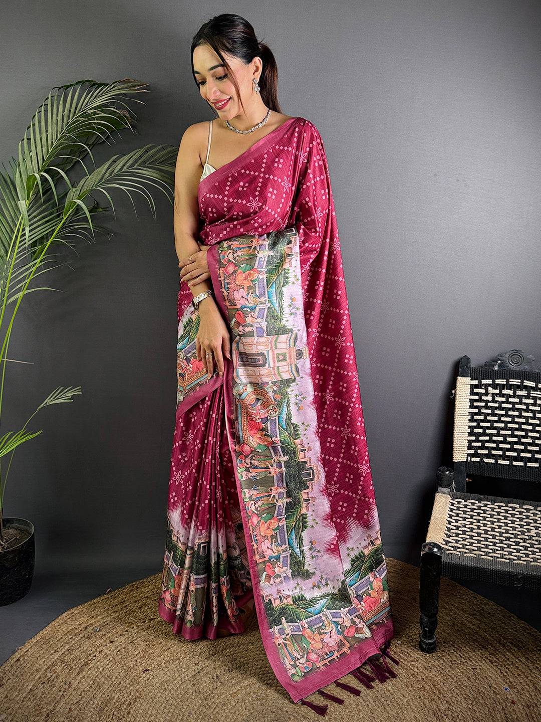 Magenta Kalamkari Digital Printed Saree

