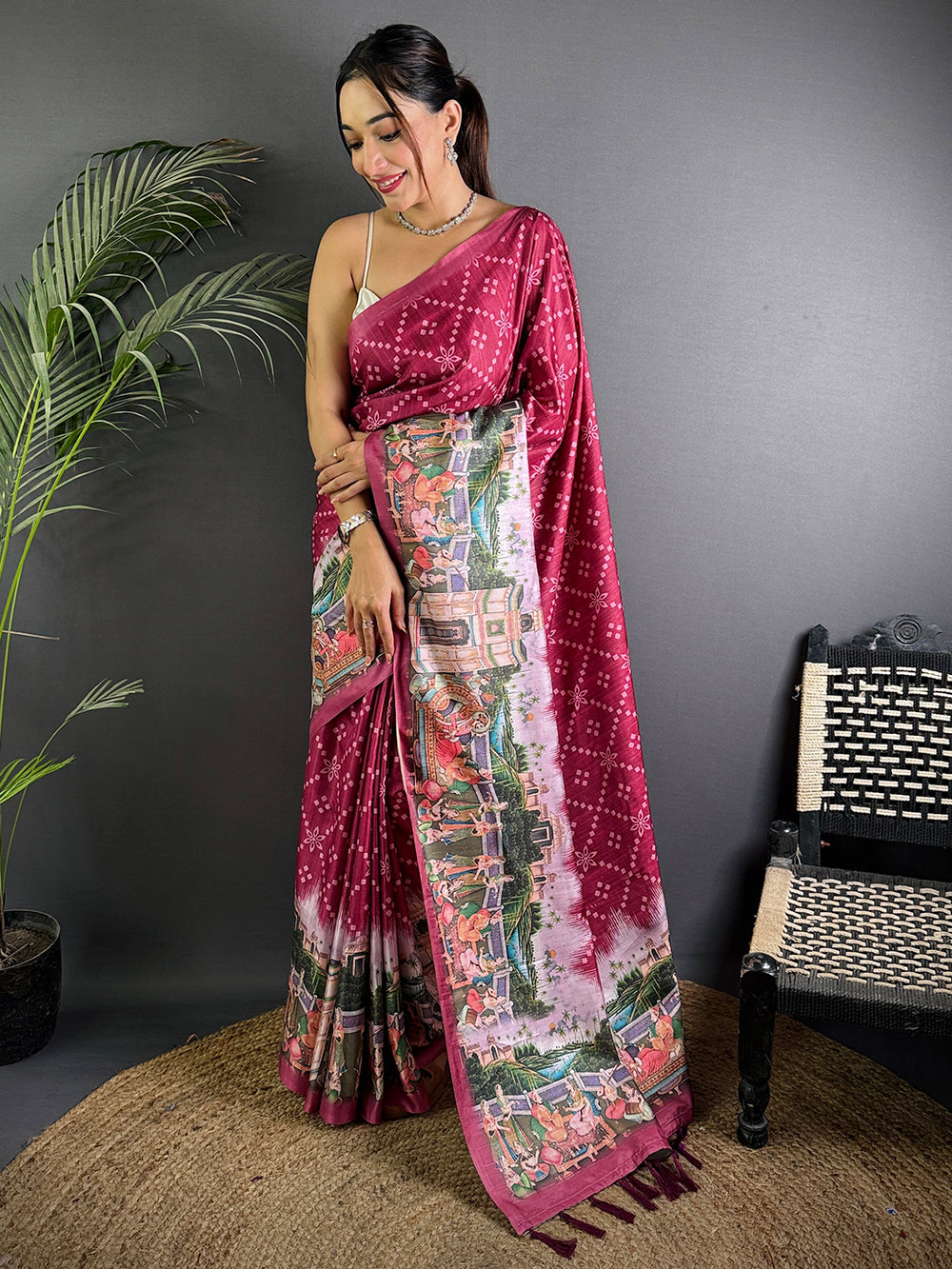 Magenta Kalamkari Digital Printed Saree