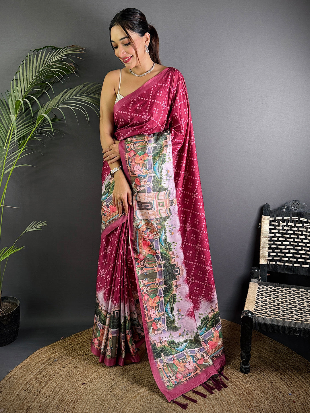 Magenta Kalamkari Digital Printed Saree