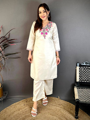 Off White Ari Work Cotton Zari Kurti