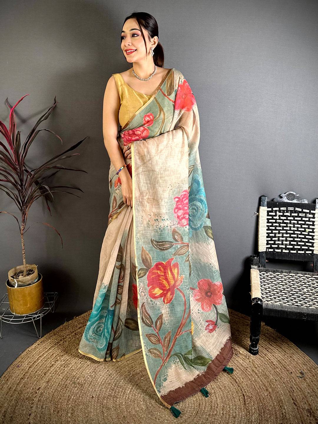 Sage Green Gold Zari Linen Chanderi Saree



