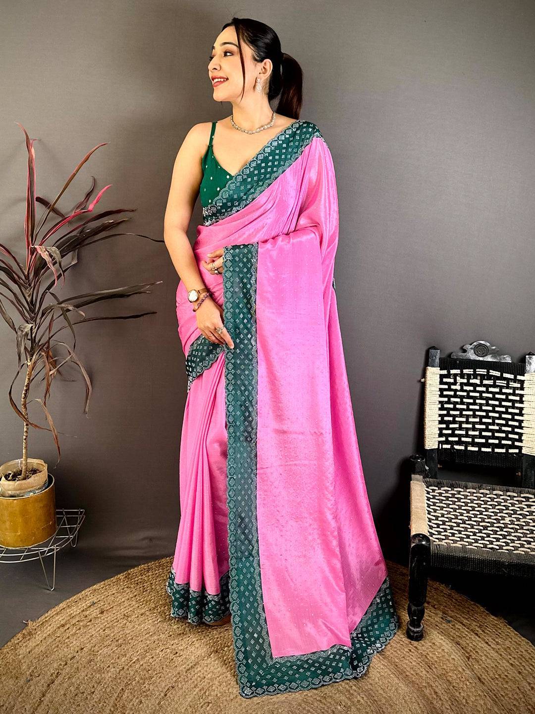Rose Pink Poly Chiffon Diamond Stone Work Saree
