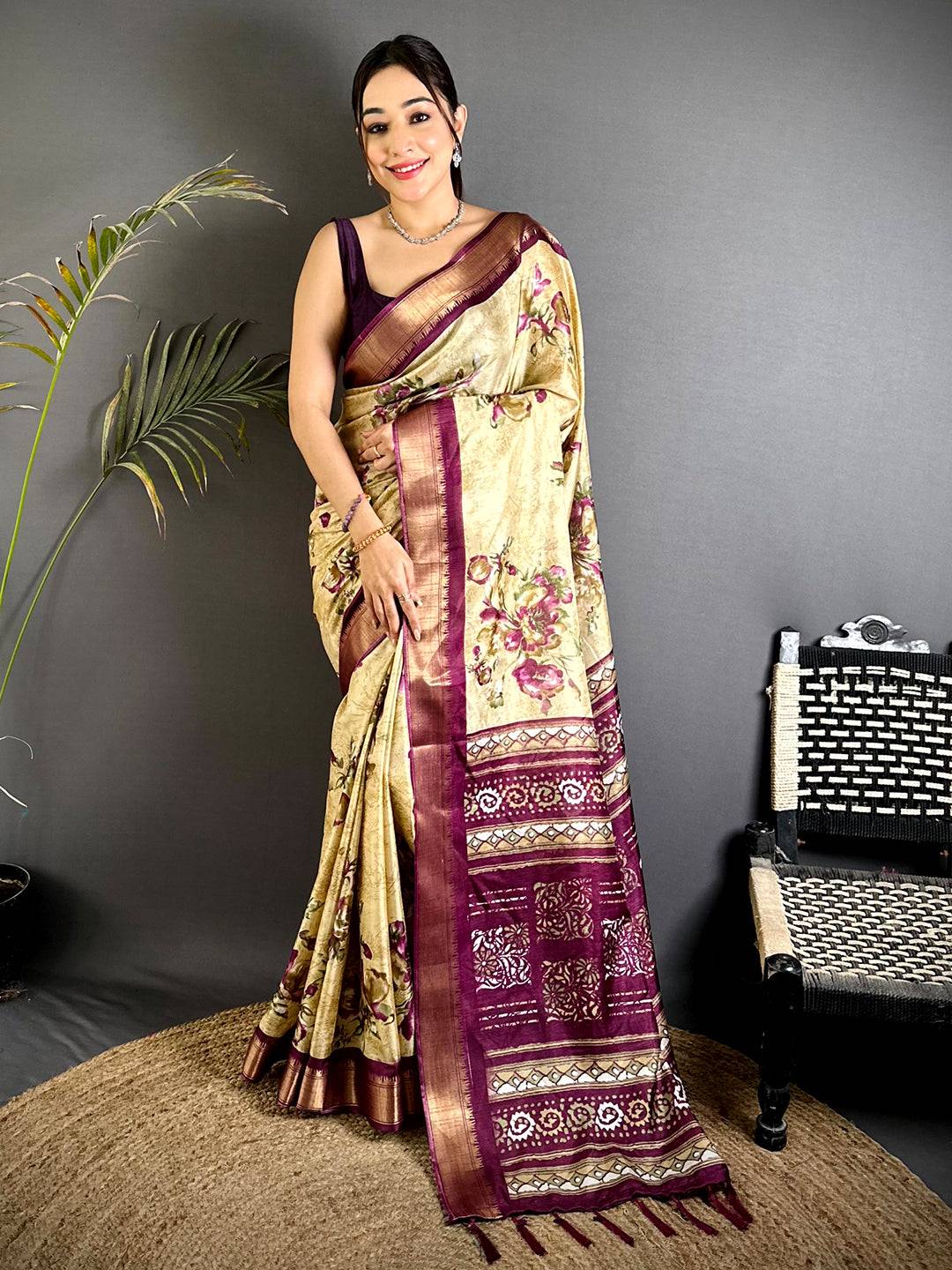 Heritage Cream Floral Dola Silk Saree


