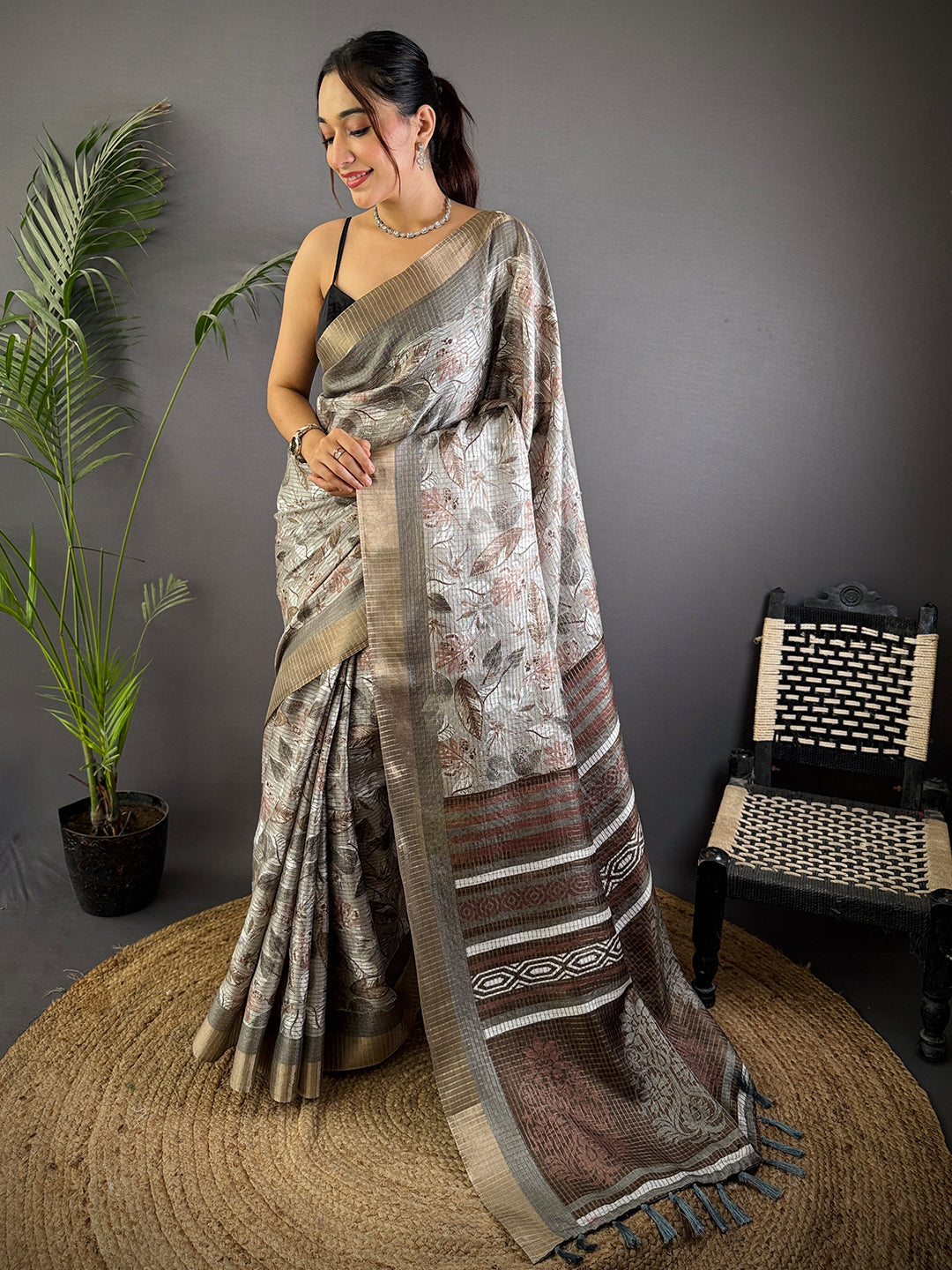 Grey Tussar Chex Floral Print Saree