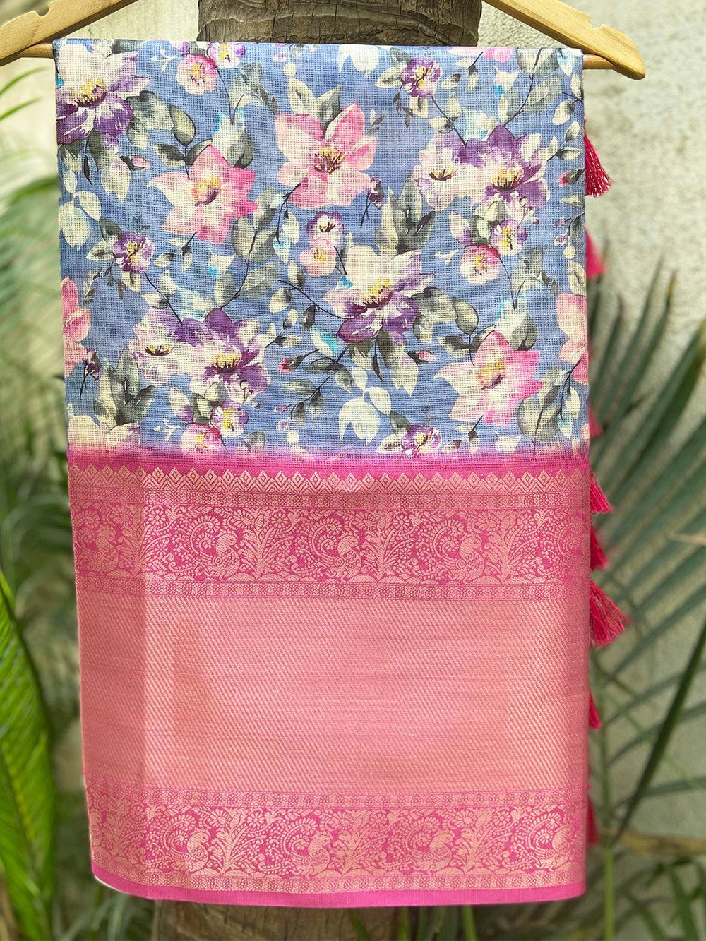 Blue Kota Doriya saree with floral print and pink Kanjivaram border