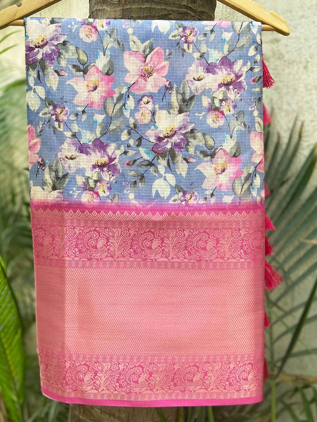 Blue Kota Doriya saree with floral print and pink Kanjivaram border