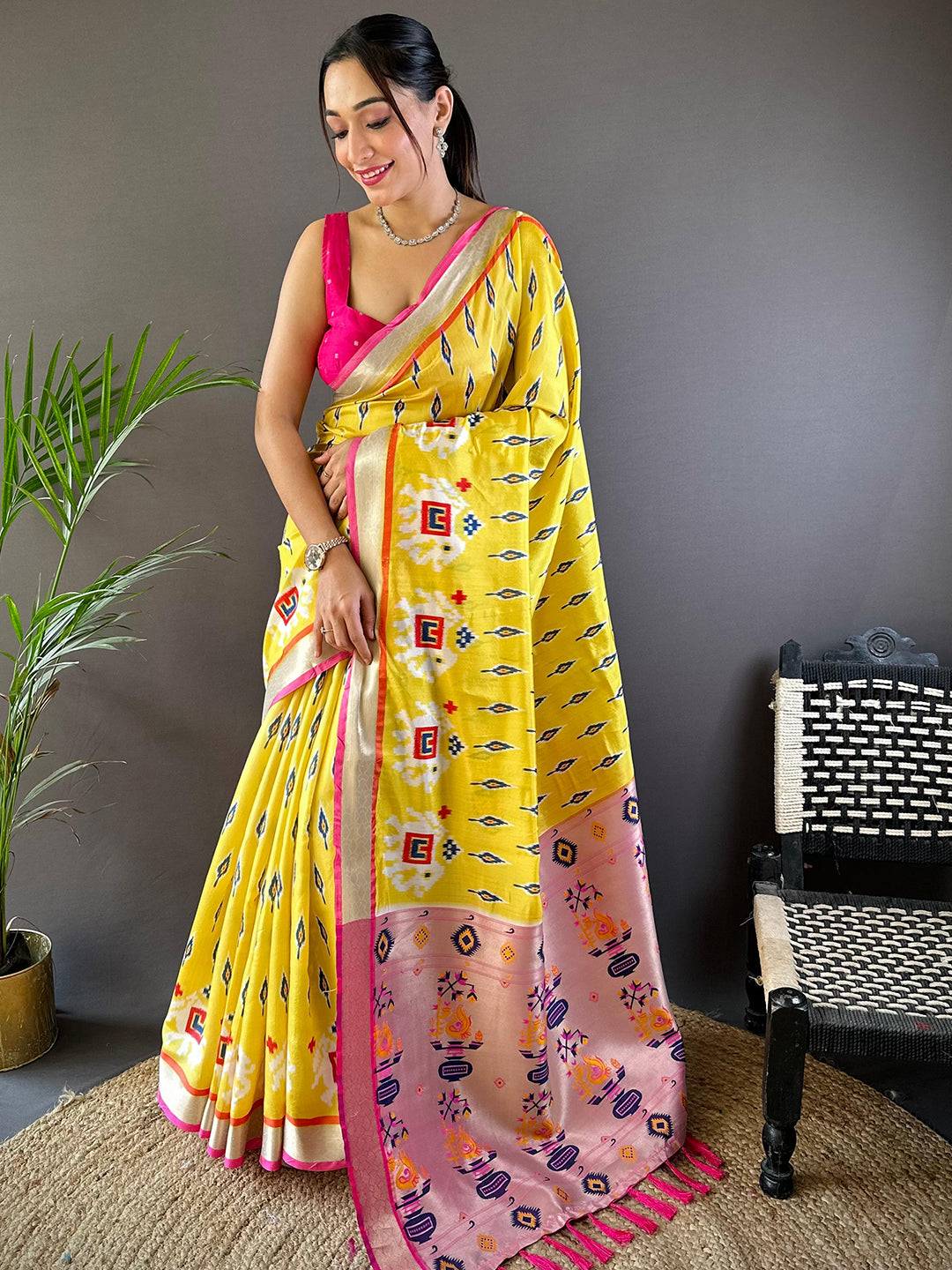 Yellow Ikkat Paithani Soft Silk Saree