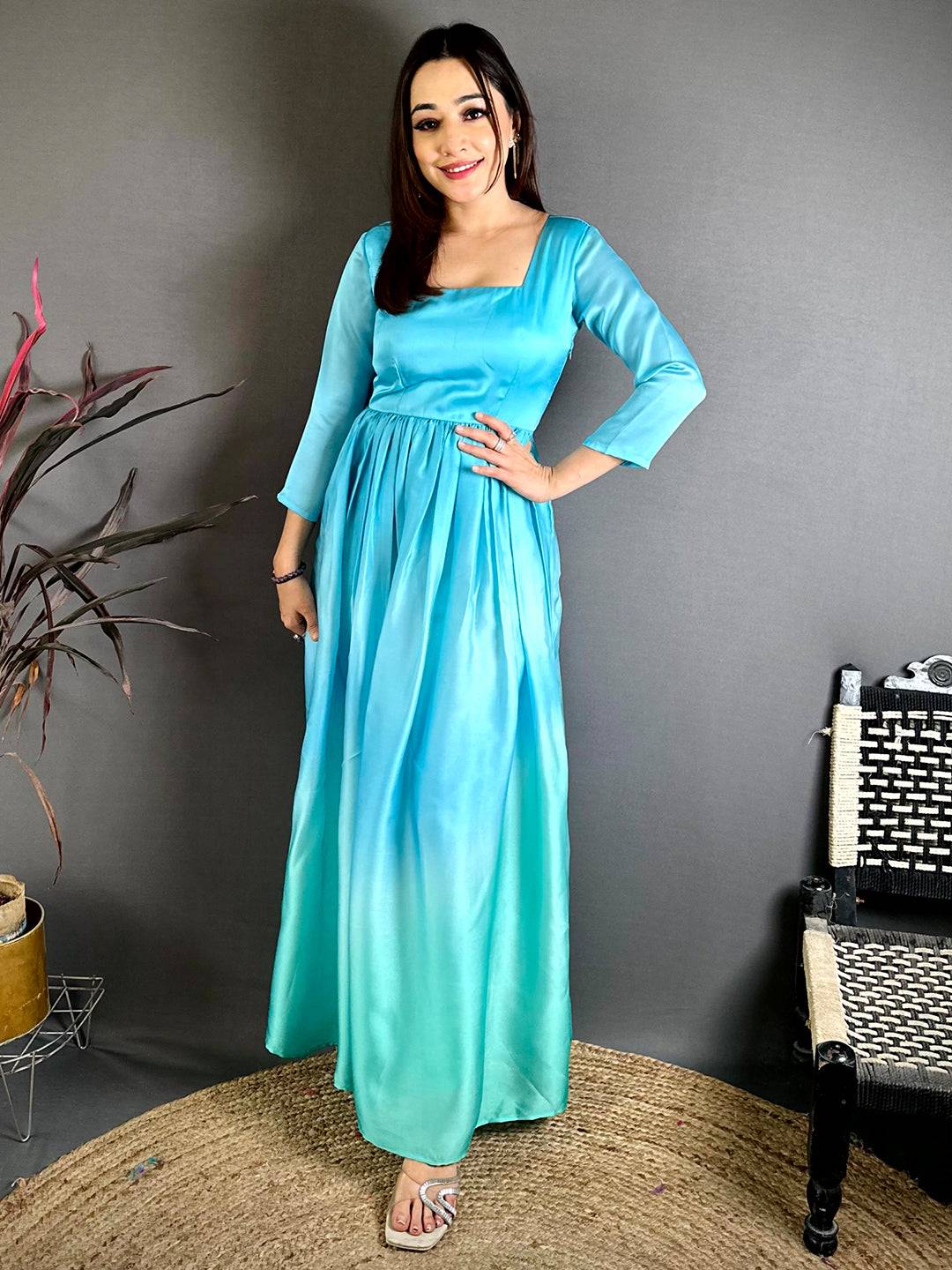 Royal Square Neck Satin Dress