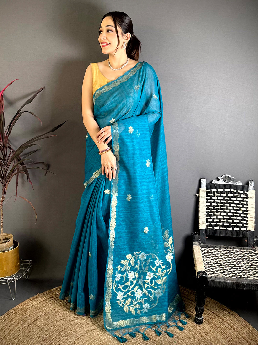Sky Blue Sona Chandi Muga Cotton Saree