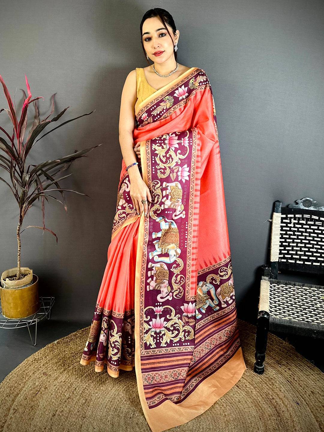 Red Tanjore Elephant Tussar Saree