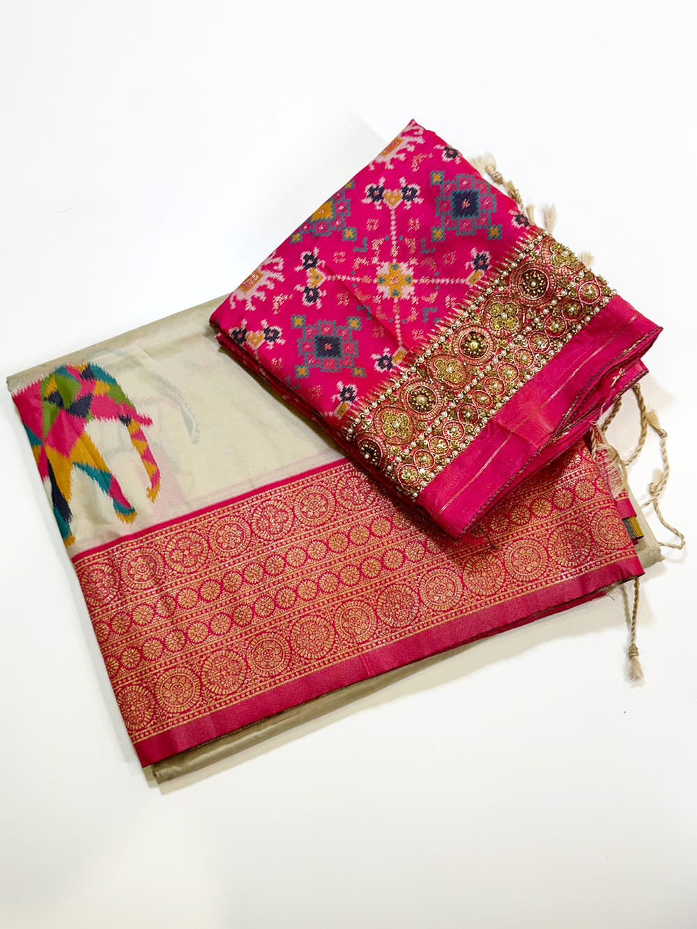 Elephant Ikkat Banarasi Soft Silk Saree With Maggam Blouse