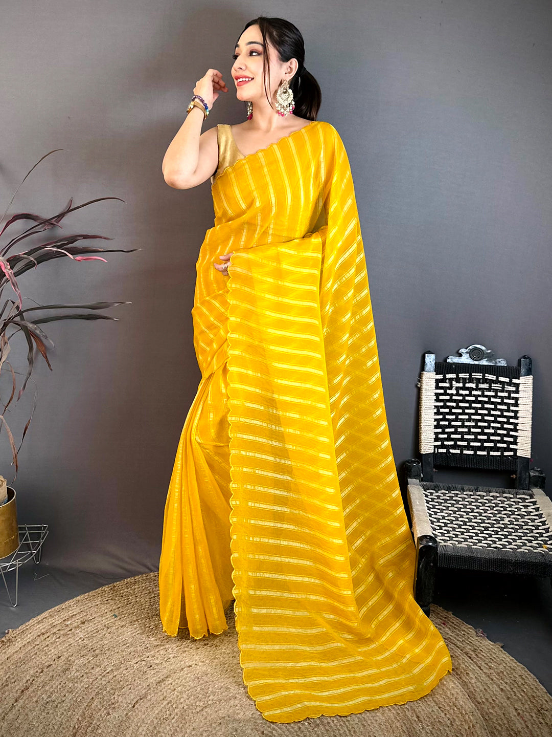 Yellow Gold Zari Stripe Chiffon Saree