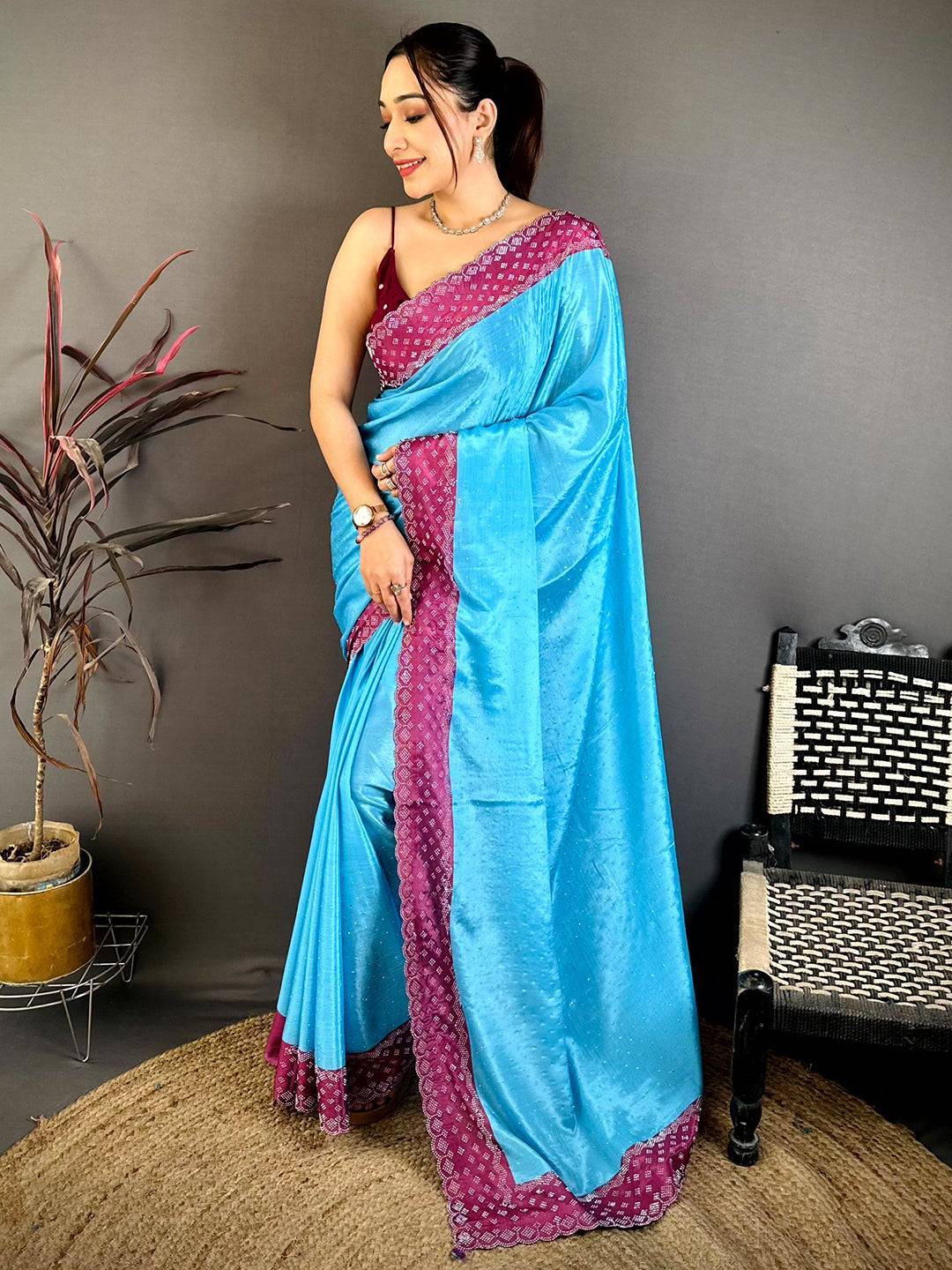 Sky Poly Chiffon Diamond Stone Work Saree
