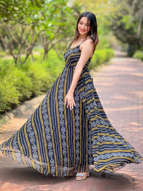 Stylish Raven Black Bandhej Dress with intricate patterns