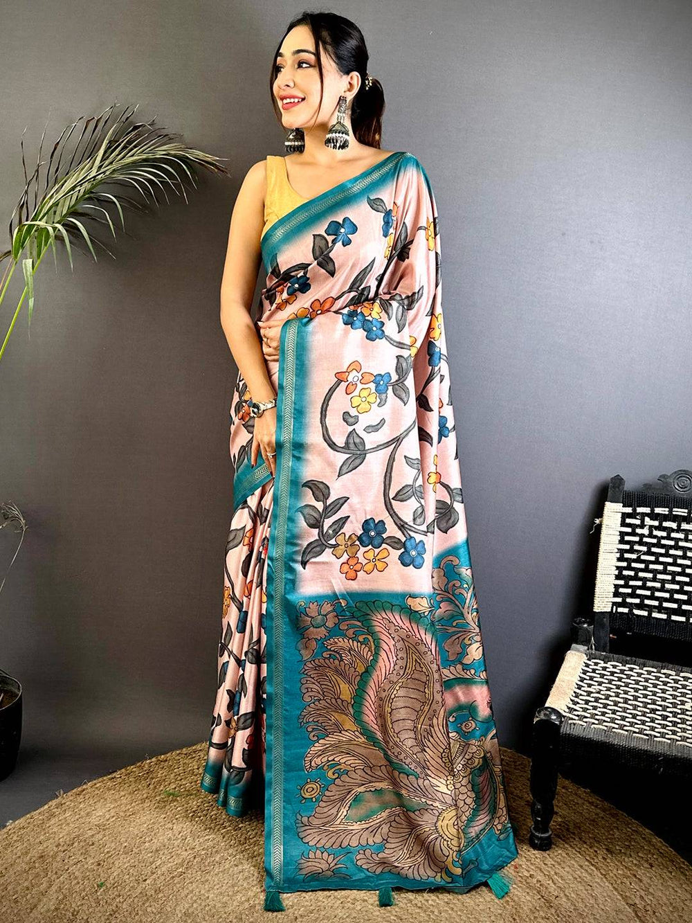 Peach Soft Tussar Ghicha Saree