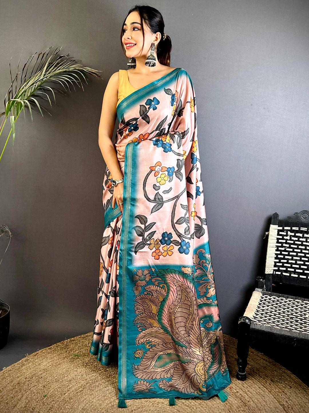 Peach Soft Tussar Ghicha Saree
