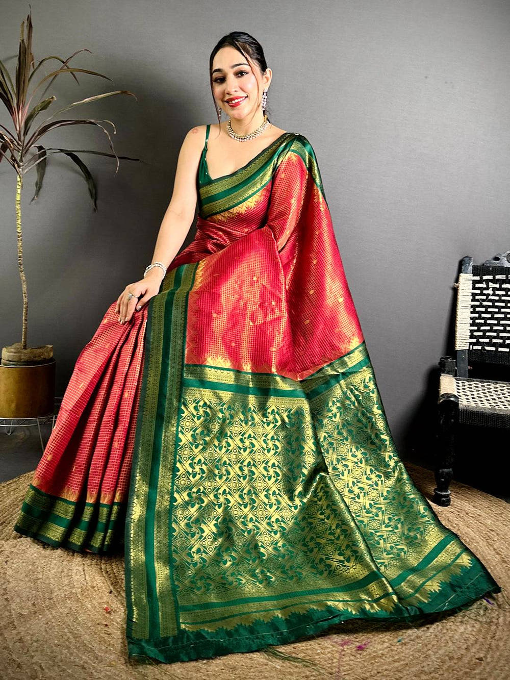 Red Banarasi Katan Silk Gadwal Zari Saree