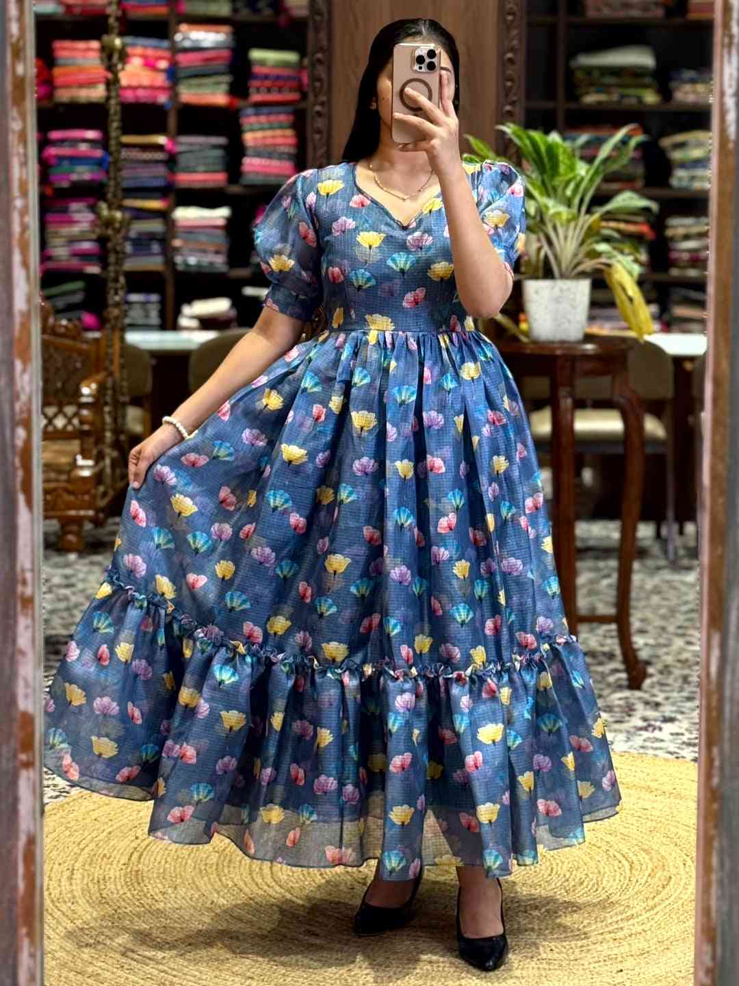 Denim Blue Floral Print Midi Dress