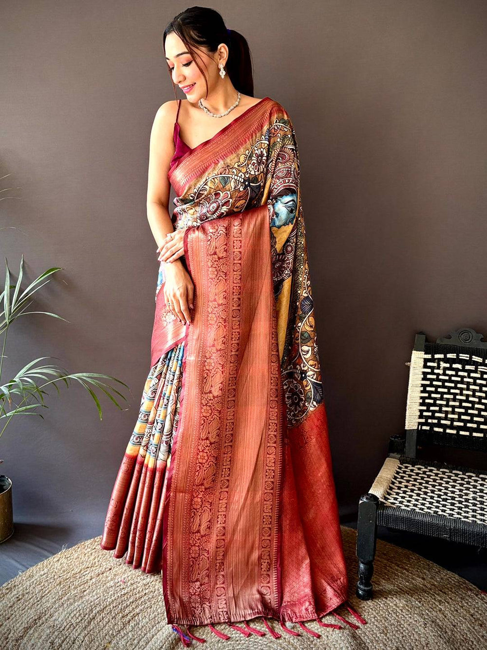 Elegant Buff Beige Silk Saree with intricate Pattu Zari Border