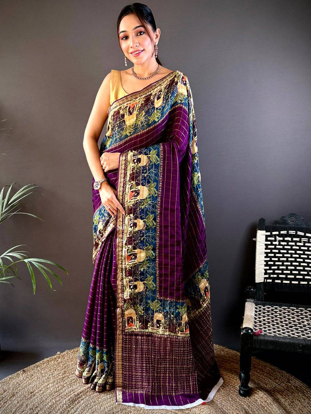 Violet Chinnon Chiffon Kalamkari Saree
