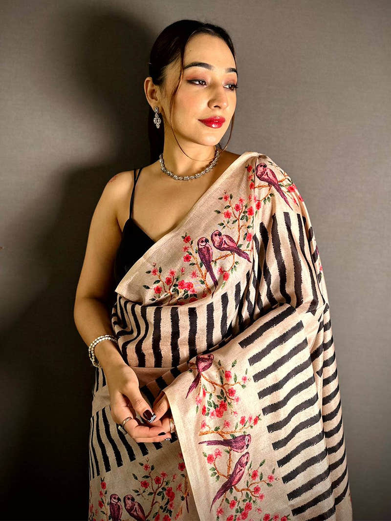 Celebrity Striped Kalamkari Tussar Saree