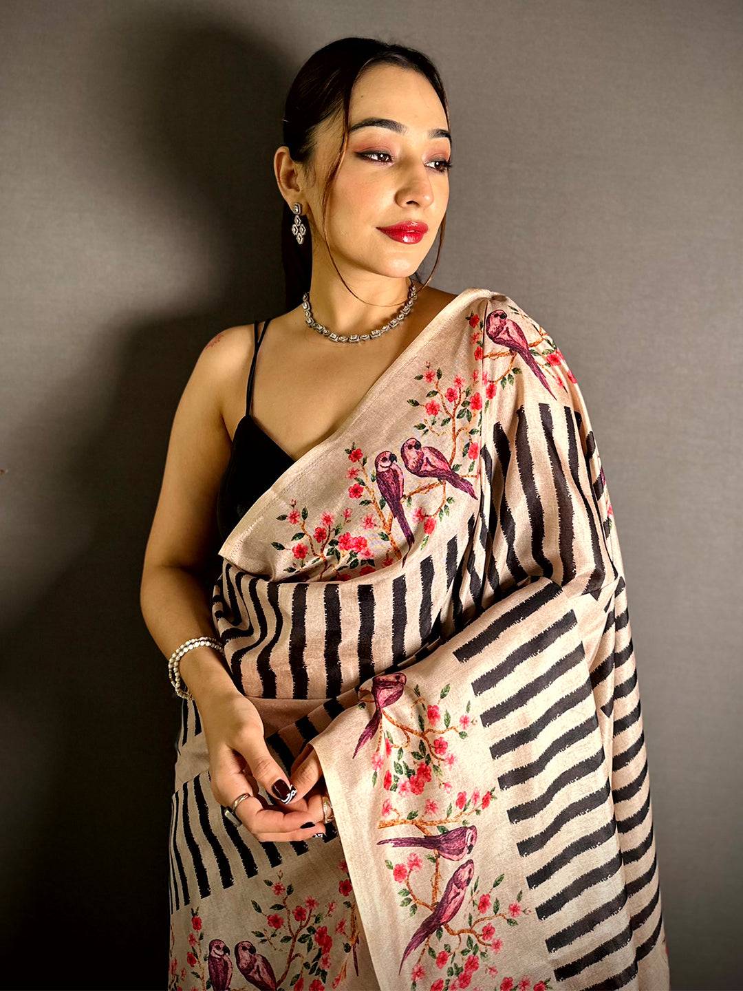Celebrity Striped Kalamkari Tussar Saree

