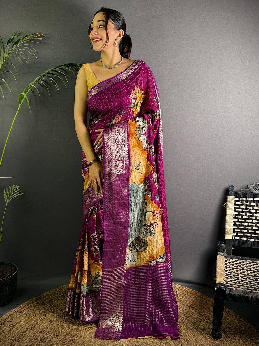 Purple Pure Viscose Kalalmkari Print Saree

