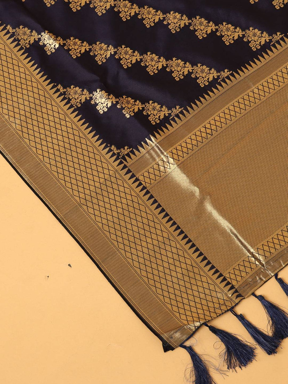 Close-up of navy woven design dupatta fabric