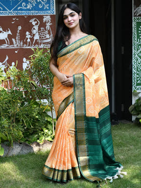 Elegant soft silk Bandhej print saree with green border