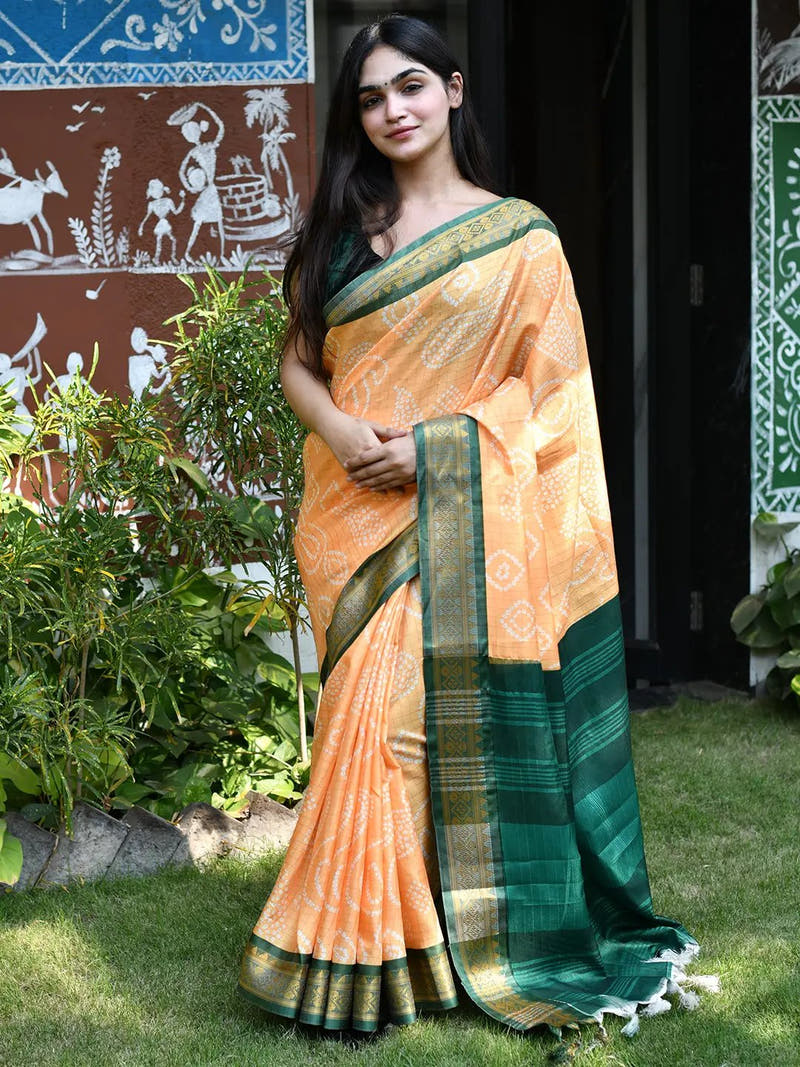 Elegant soft silk Bandhej print saree with green border