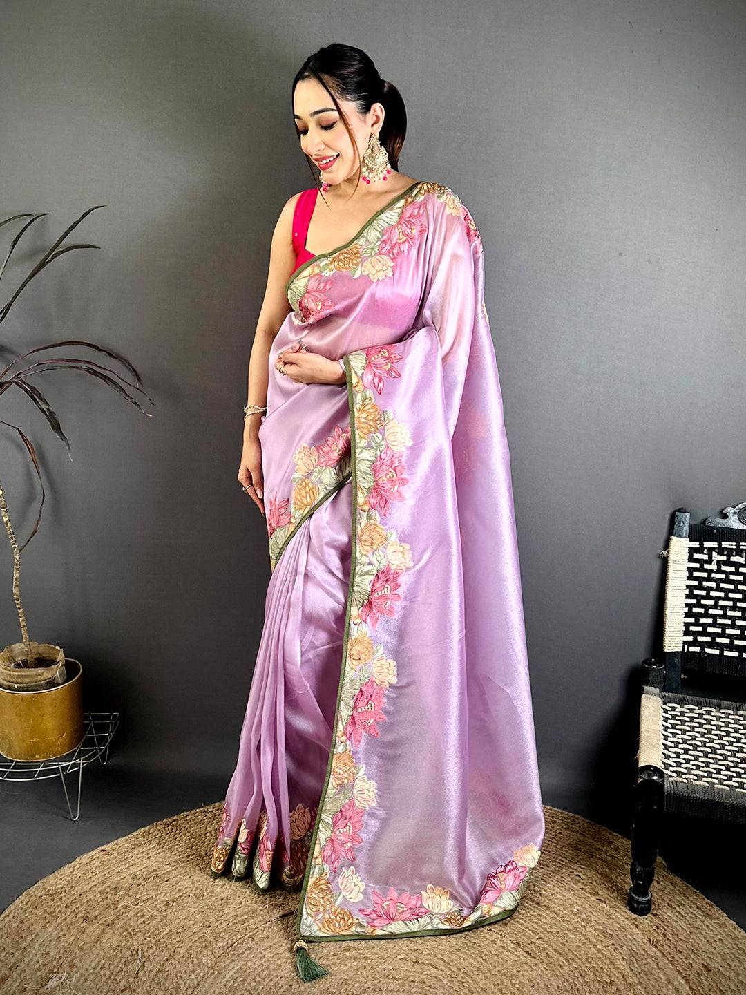 Purple Silky Tissue Resham Border Saree
