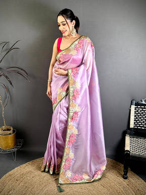 Purple Silky Tissue Resham Border Saree