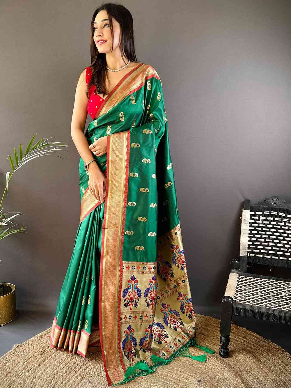 Trendy Yevla Paithani Minakari Work Silk Saree in Green Colour