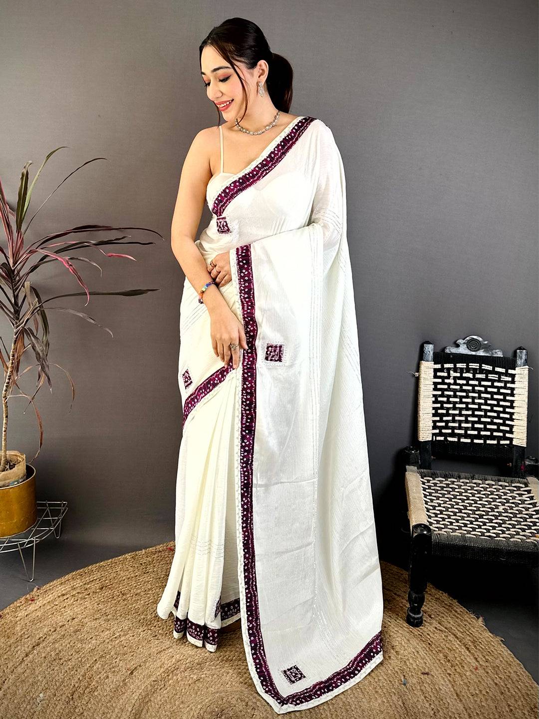 Wine Bandhej Butta Chiffon Saree