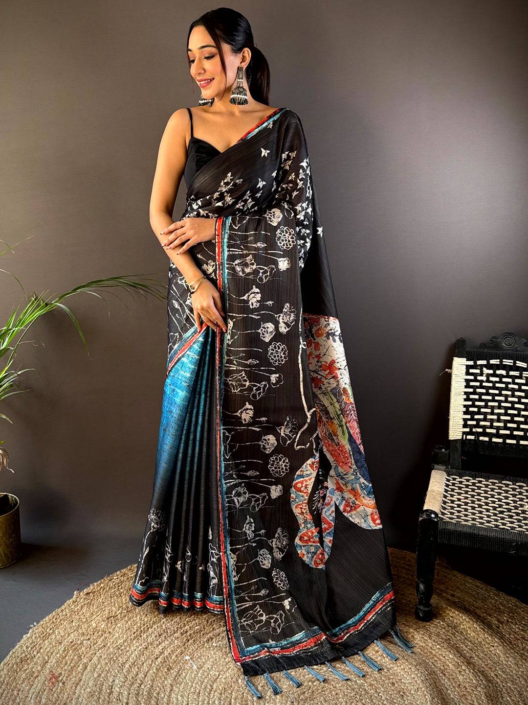 Black Monochromatic Botanical Print Saree