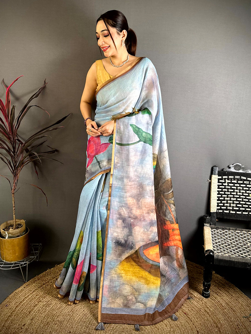 Sky Blue Pen Kalamkari Linen Saree


