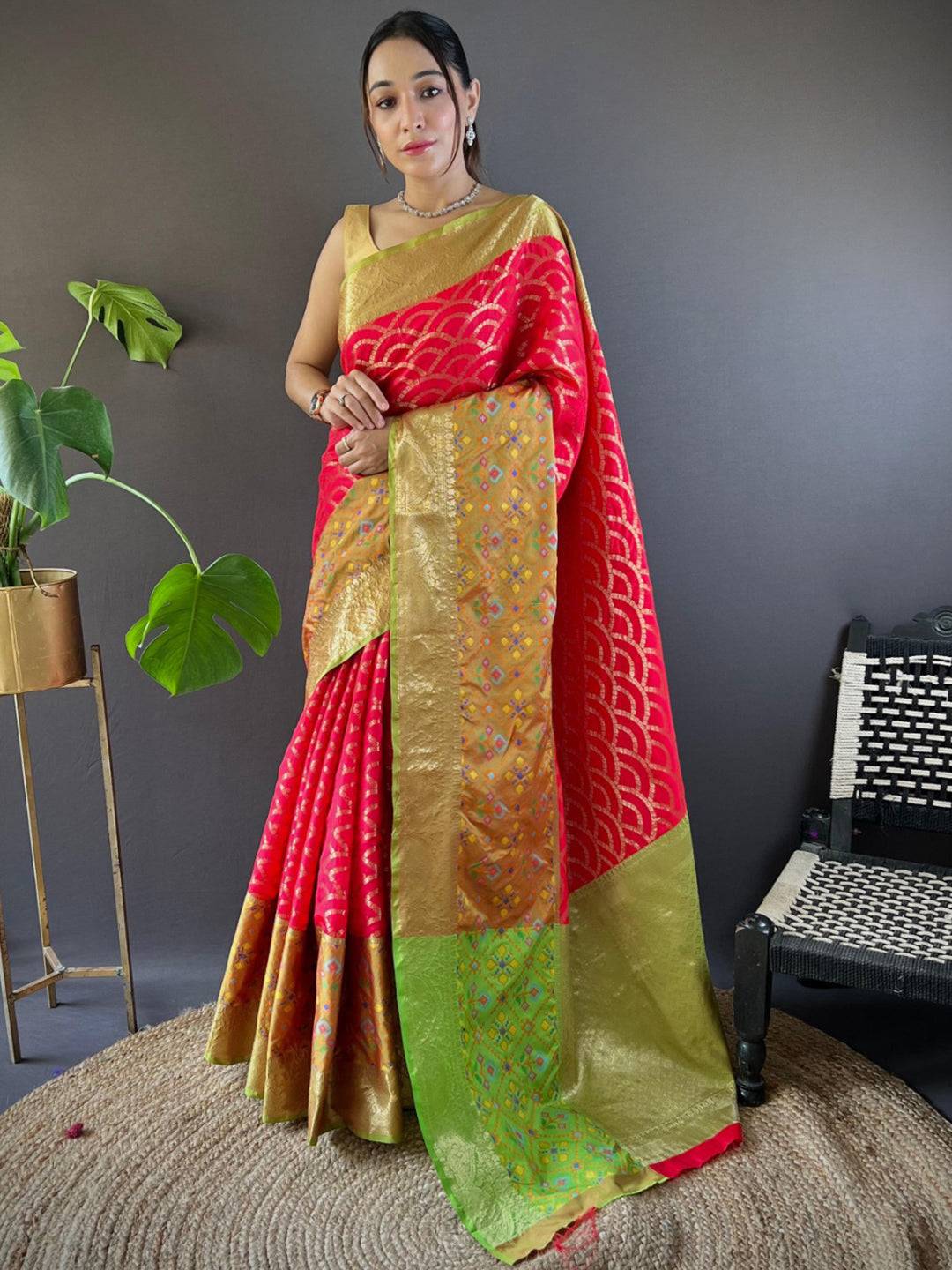 Red Katan Silk Ikkat Saree
