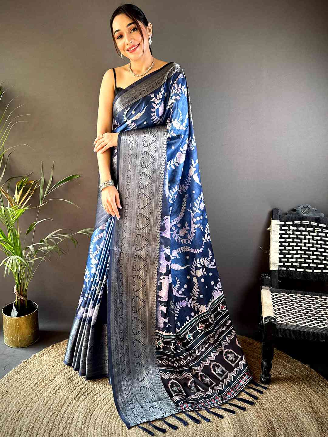 Blue Floral Animal Batik Soft Silk Saree