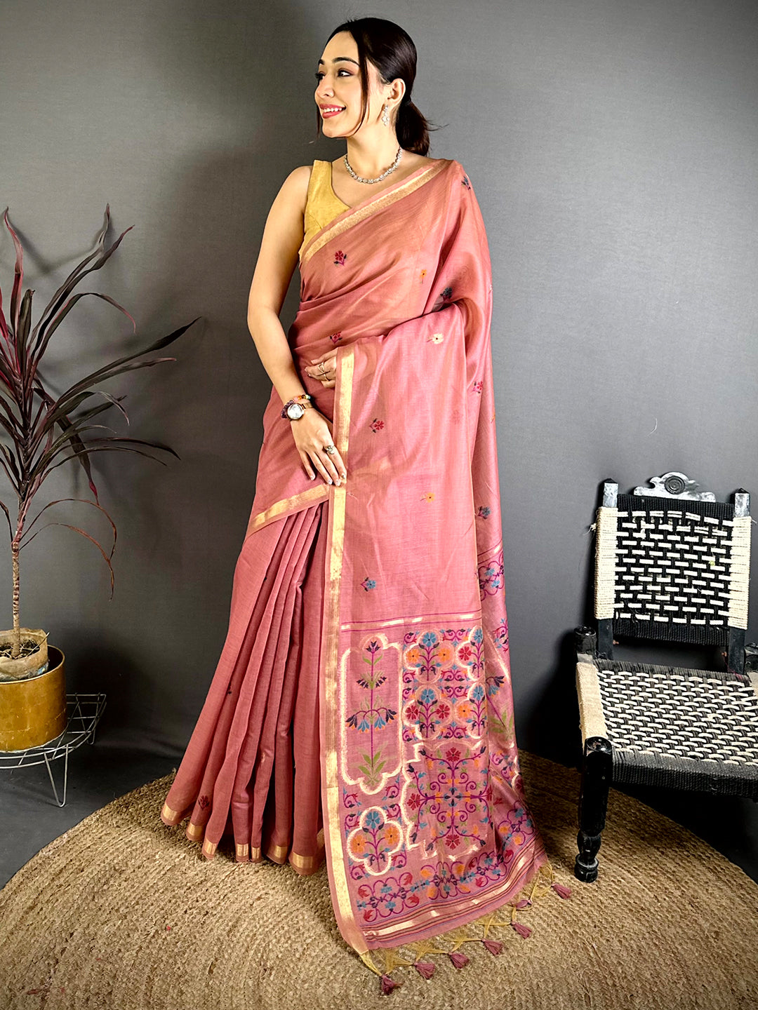 Rust Orange Minakari Khadi Cotton Saree


