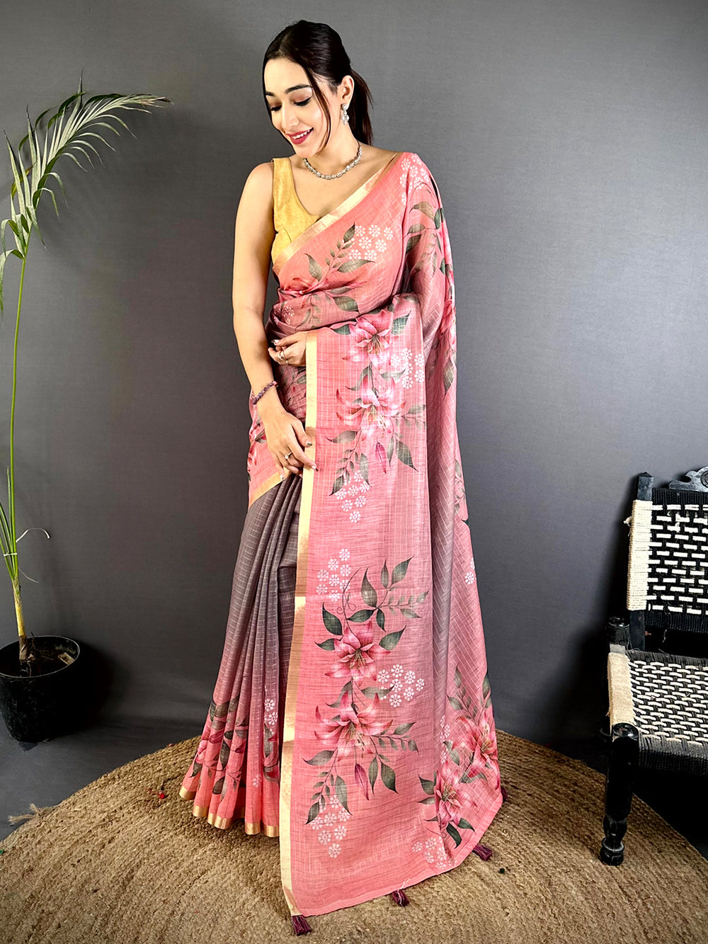 Heritage Soft Linen Gold Zari Floral Saree