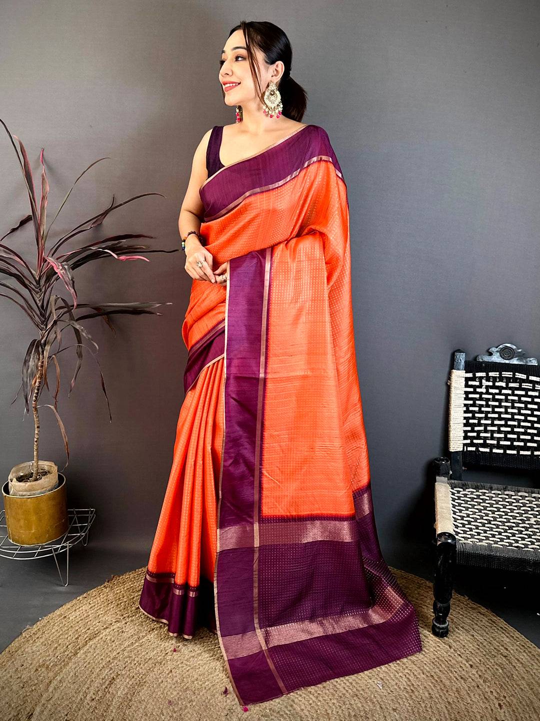 Saffron Orange Tussar Gold Zari 1000 Butti Saree