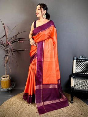 Saffron Orange Tussar Gold Zari 1000 Butti Saree