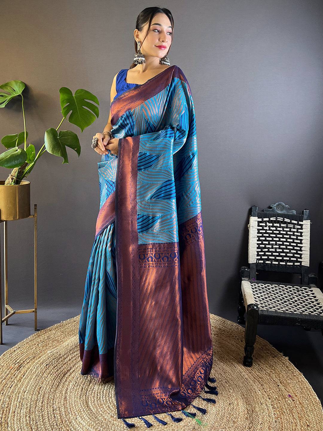 Elegant Royal Blue Tussar Silk Ikkat Saree Display