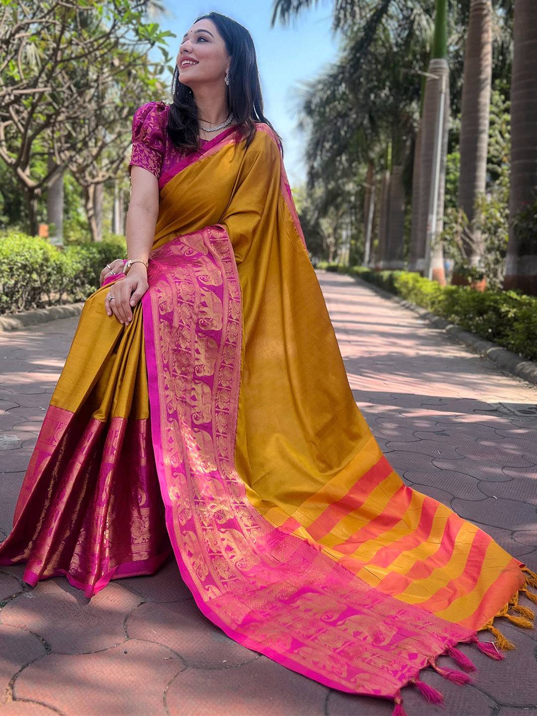 Mustard Silk Saree with Pink Brocade Pallu and Blouse