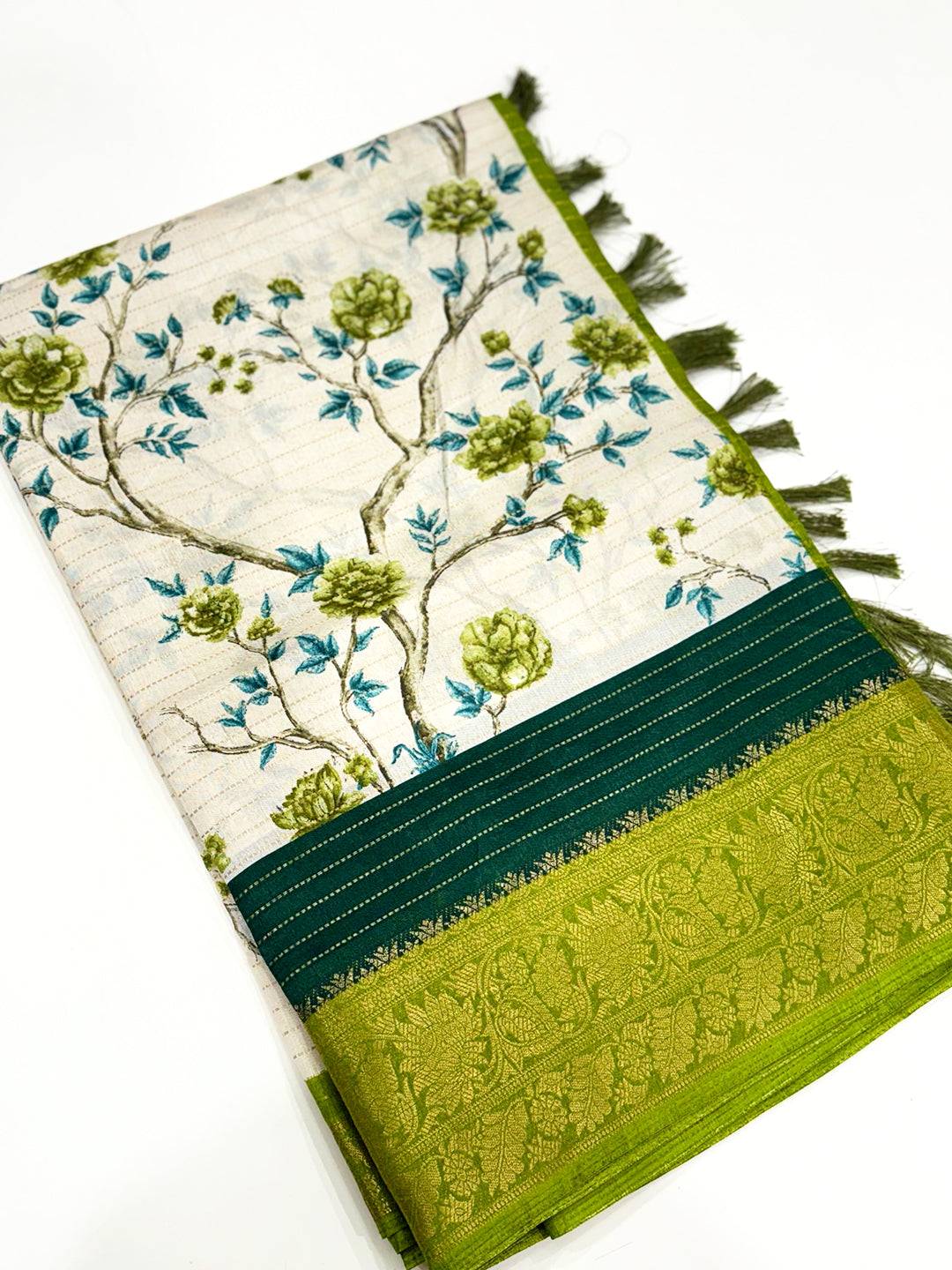 Green Soft Dola Silk Zari Katha Saree